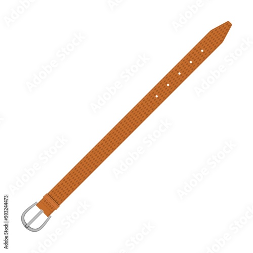red braided brown leather belt flat vector illustration. Straps with metal, brass or steel buckle rings isolated on white background