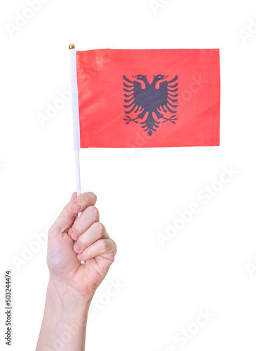 A hand holds the flag of Albania against an isolated white background. © beast01
