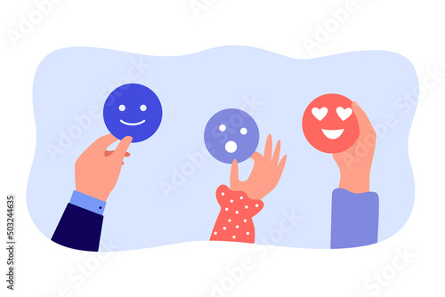 Hands holding cartoon faces with different emotions. People with happy, surprised and in love emoticons flat vector illustration. Social media, emotions concept for banner or landing web page