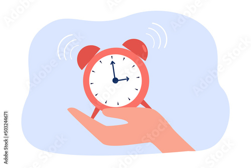 Hand holding alarm clock. Ringing clock flat vector illustration. Deadline, time management, morning, daily routine concept for banner, website design or landing web page