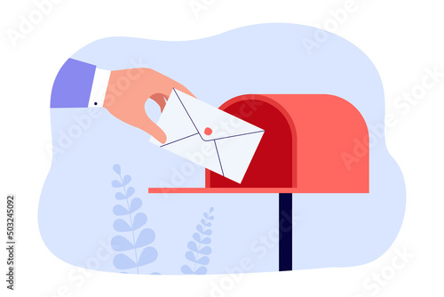 Hand of postman putting letter or envelope into open mailbox. Courier delivering mail flat vector illustration. Correspondence, communication, profession, newsletter concept for banner, website design