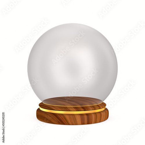 glass dome on wooden podium. Isolated 3D illustration on white background