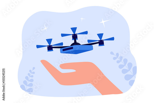 Drone flying above big human hand. Person controlling electric toy or quadcopter flat vector illustration. Technology, innovation concept for banner, website design or landing web page