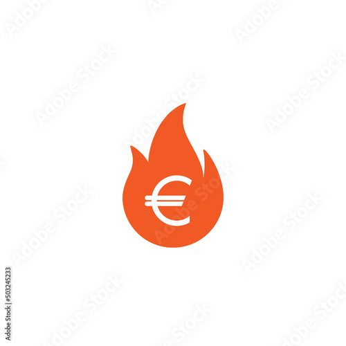 Fire flame with euro sign. Growth vector icon. Flat icon isolated on white. Economy, finance, money symbol. Hot, spicy, best currency pictogram.