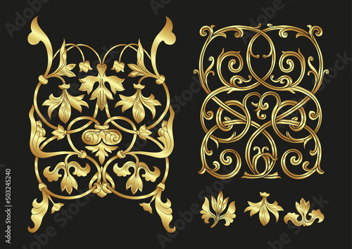 Byzantine traditional historical floral motifs, pattern. Clip art, set of elements for design Vector illustration in gold and black
