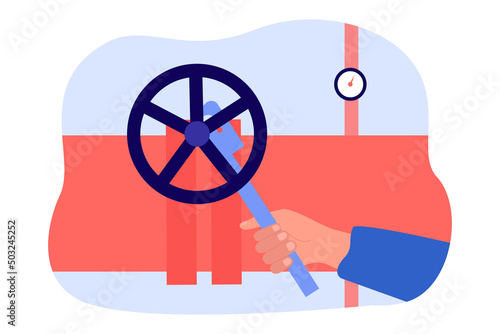 Hand of plumber tightening valve with pipe wrench. Technician fixing pipeline flat vector illustration. Maintenance, repair service concept for banner, website design or landing web page