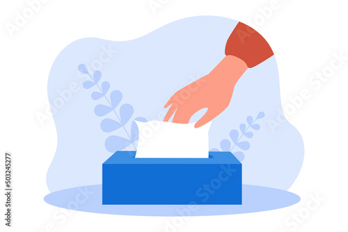 Hand taking tissue out of box. Person using napkin for blowing nose, cleaning hands or surface flat vector illustration. Hygiene, illness concept for banner, website design or landing web page
