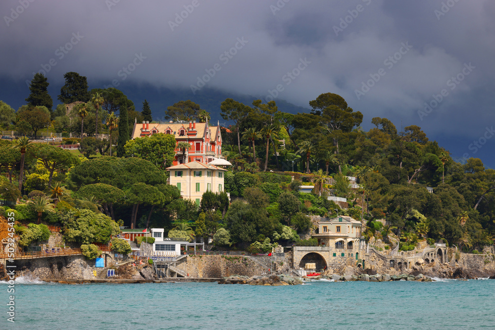 Summer view of Santa Margherita Ligure in Liguria. Panoramic view with colorful houses of the ligurian riviera.