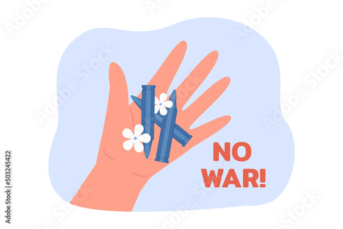 Bullets and flowers in human hands flat vector illustration. Phrase no war on blue background. People striving for peace and freedom. Fight, aggression, nation, unity concept