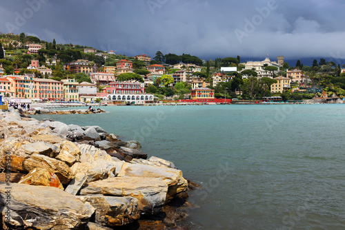 Summer view of Santa Margherita Ligure in Liguria. Panoramic view with colorful houses of the ligurian riviera.