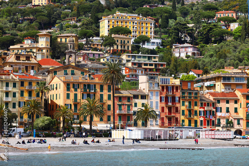 Summer view of Santa Margherita Ligure in Liguria. Panoramic view with colorful houses of the ligurian riviera.
