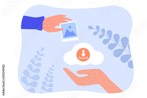 Hands sharing and downloading image through cloud storage. Hand holding picture or photo, download symbol flat vector illustration. Internet, communication, network concept for banner or landing page