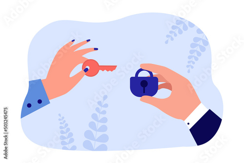 Male and female hands holding lock and key. Protection of personal data, access to information flat vector illustration. Security, privacy concept for banner, website design or landing web page
