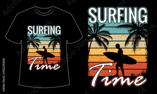 Surfing Time, Vintage Surfing T-Shirt Design With Coconut Tree Vector