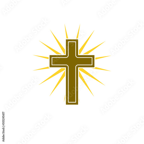 Christian cross with sun rays icon isolated on white background