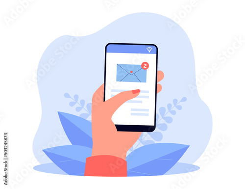 Hand holding cellphone with email symbol on screen. Finger tapping envelope or message flat vector illustration. Communication, network concept for banner, website design or landing web page