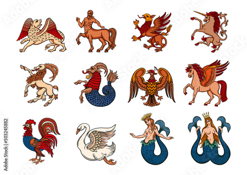 Heraldic mythical animals and creatures. Traditional character styles for coats of arms and shields. Clip art, set of elements for design Vector illustration.