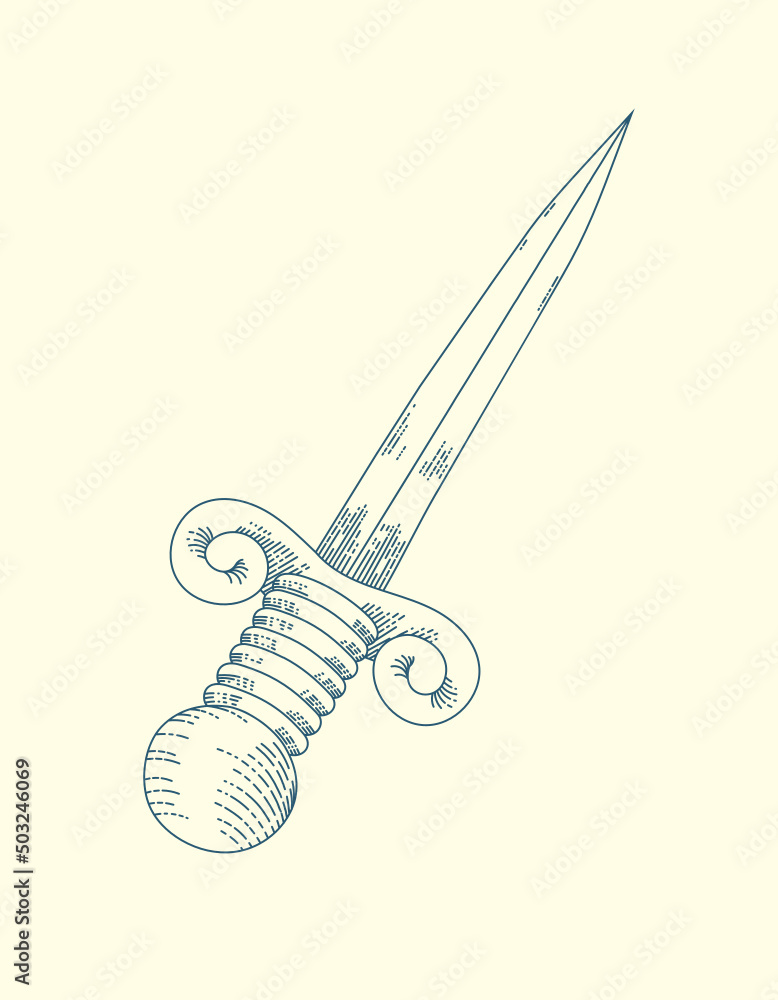 Naklejka premium Straight blade drawn in tattoo style.