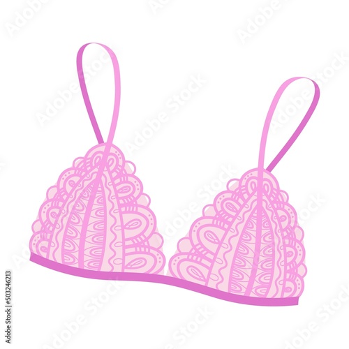 lace pink bra. Vector illustration of womens underwear. Cartoon bra bikini, panty, knickers, string isolated on white