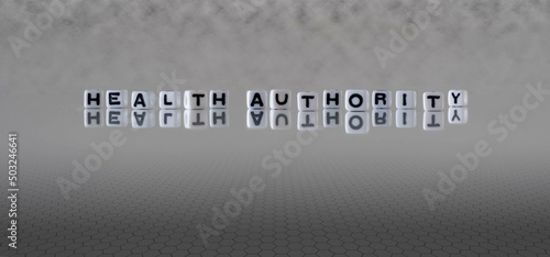 health authority word or concept represented by black and white letter cubes on a grey horizon background stretching to infinity