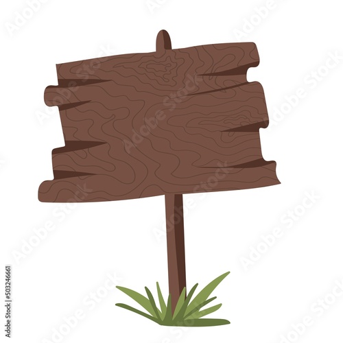 Hand drawn empty wood sign board in green grass on white background. Vector illustration.