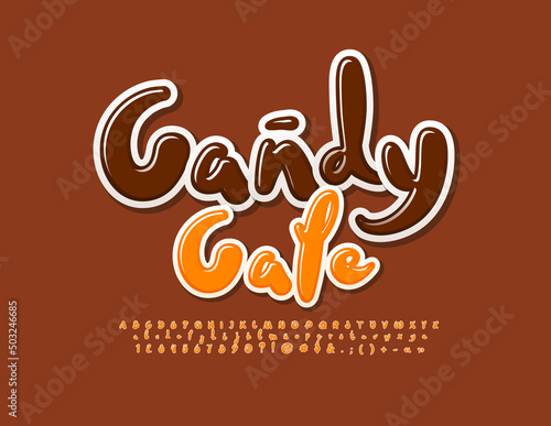 Vector sweet logo Candy Cafe. Playful Orange Font. Creative Alphabet Letters and Numbers