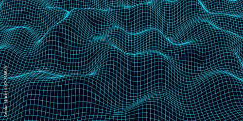 Digital wavy wireframe landscape. Futuristic linear undulating terrain. Digital cyberspace in mountains with valleys. Vector illustration.