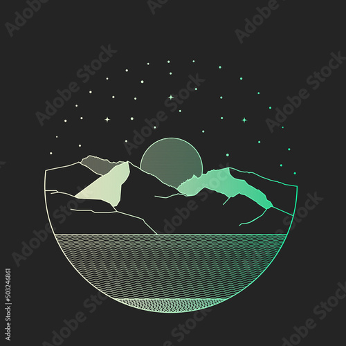 mono line landscape mountains and lakes vector for patch, pin, graphic, art t-shirt design