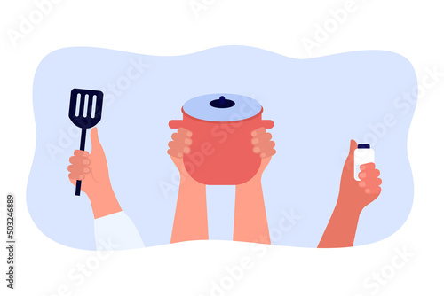 Hands holding different kitchen utensils. Hands of people with spatula, pot and seasoning or spice bottle flat vector illustration. Kitchenware, cooking concept for banner or landing web page