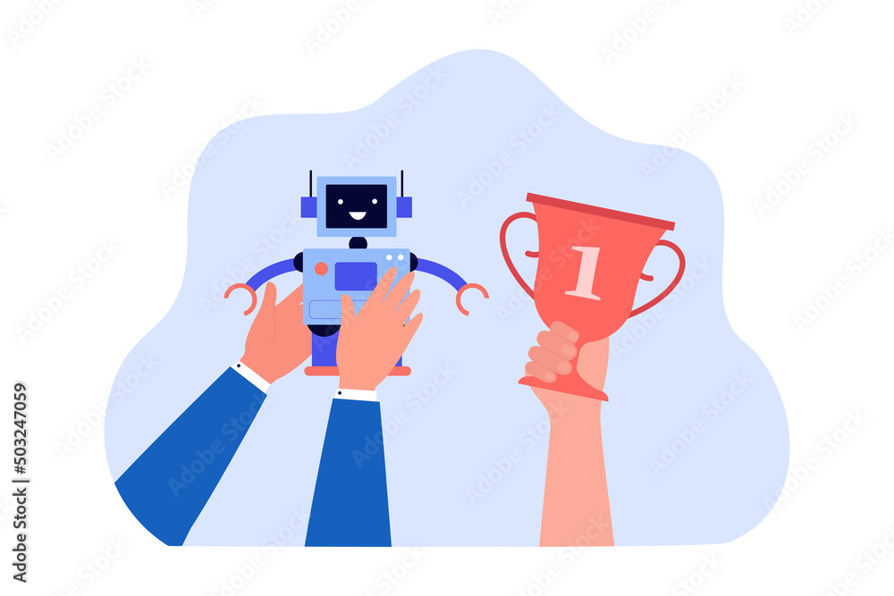 Hands holding cute robotic character and trophy. Child winning robotics competition in school or college flat vector illustration. Robotics, technology, victory concept for banner or landing web page Hands holding cute robotic character and trophy. Child winning robotics competition in school or college flat vector illustration. Robotics, technology, victory concept for banner or landing web page