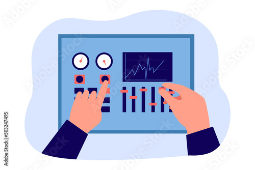 Hands pushing buttons and moving sliders on control panel. Dashboard with gauges and screen flat vector illustration. Equipment, management concept for banner, website design or landing web page