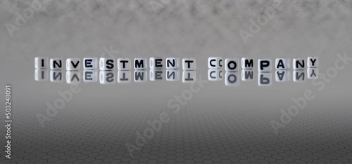 investment company word or concept represented by black and white letter cubes on a grey horizon background stretching to infinity
