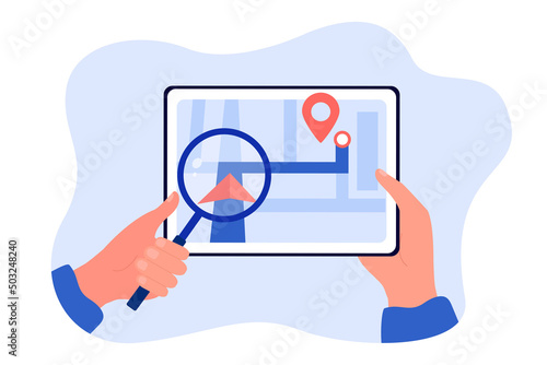 Hand holding magnifier in front of tablet with city map. Person finding route to destination with app flat vector illustration. Navigation, transportation concept for banner or landing web page