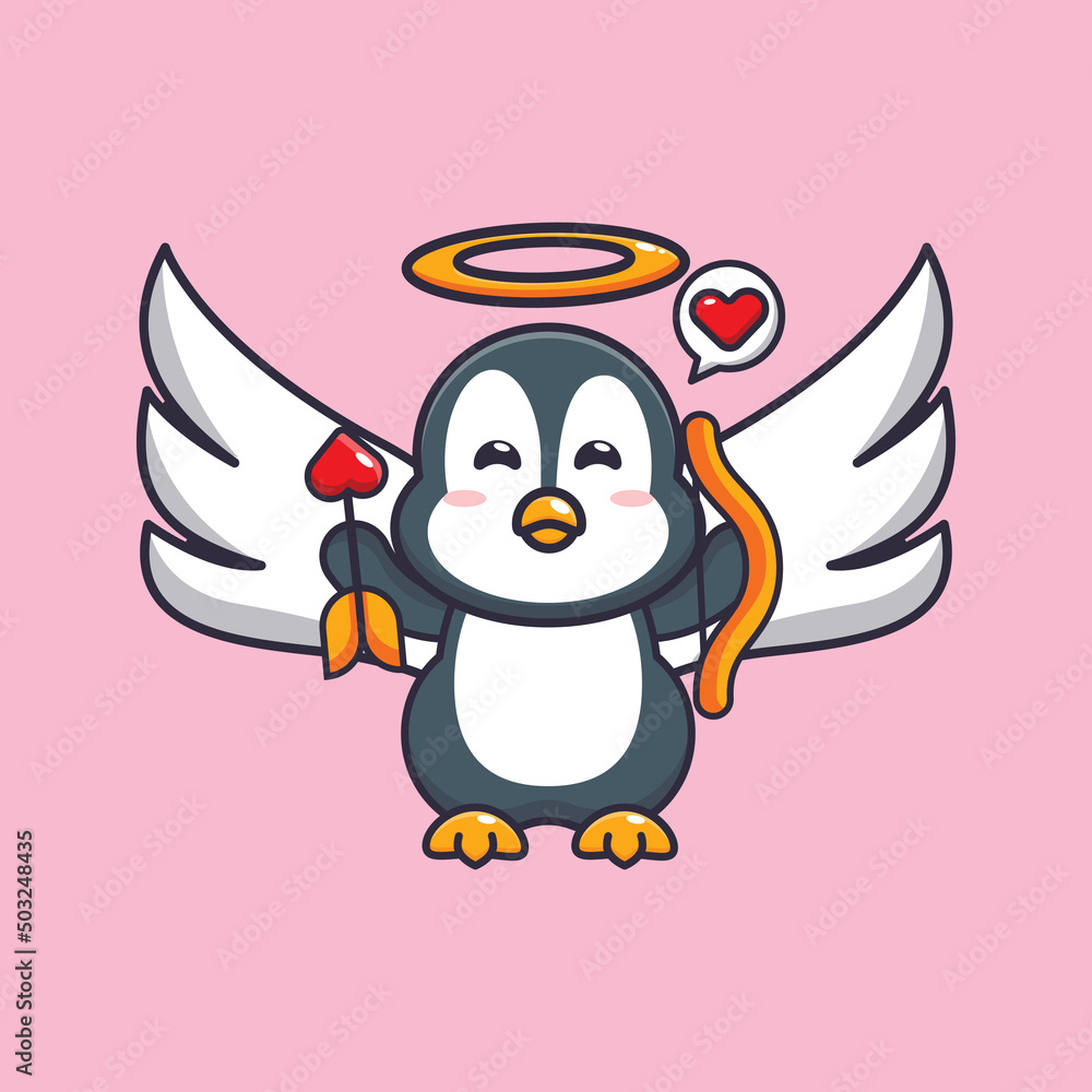 cute penguin cupid cartoon character holding love arrow