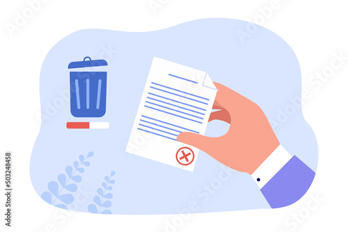 Symbol of recycle bin and hand holding document or letter. Employer or businessman rejecting report or job application flat vector illustration. Delete, failure concept for banner or landing web page