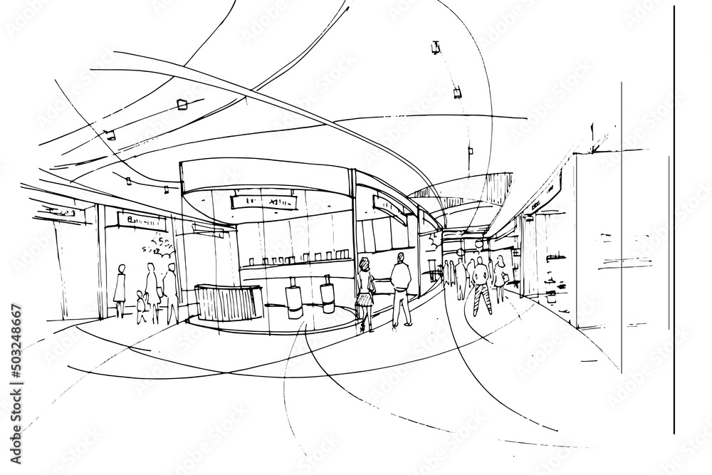 shopping mall sketch drawing,Fashion shops and people walking around.,Modern design,vector,2d illustration shopping mall sketch drawing,Fashion shops and people walking around.,Modern design,vector,2d illustration