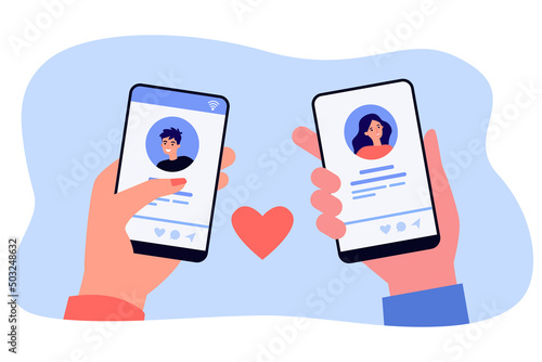 Hands of male and female dating app users holding phones. People looking at profiles on social media flat vector illustration. Love, romance, communication, network concept for banner or landing page