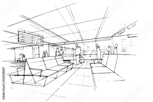 sketch drawing airport seating area,drawing of people traveling in an international airport,Modern design,vector,2d illustration