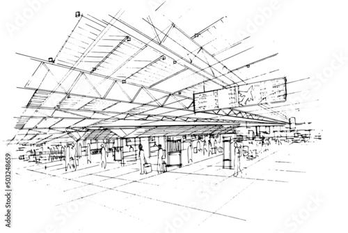 Line drawing hallway at the airport,Sketches of people traveling in an international airport,Modern design,vector,2d illustration