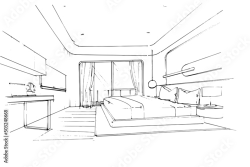 sketch drawing master bedroom.,Modern design,vector,2d illustration