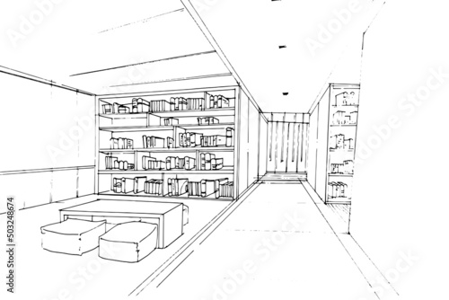 sketch drawing library area and bookshelf with seating and aisle,Modern design,vector,2d illustration