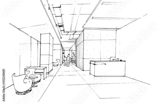 lobby office area sketch drawing,office reception area,Modern design,vector,2d illustration