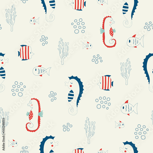 Vector hand drawn colored childish seamless repeating simple flat pattern with seahorses and fishes in scandinavian style. Cute baby animals. Pattern for children with sea animals.
