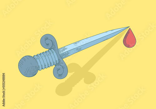 Drawing of a blade with a drop of blood.