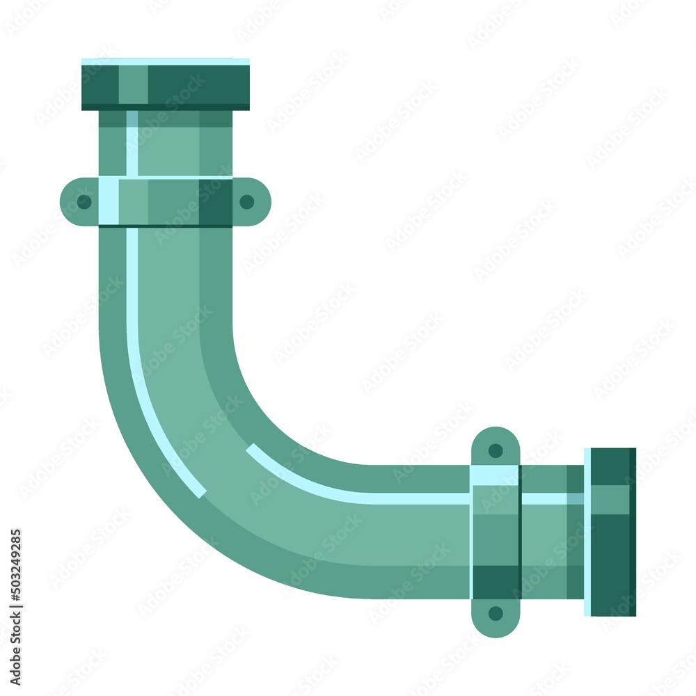 Broken metal angular pipe with leakage of water. Vector illustration of industrial pipelines