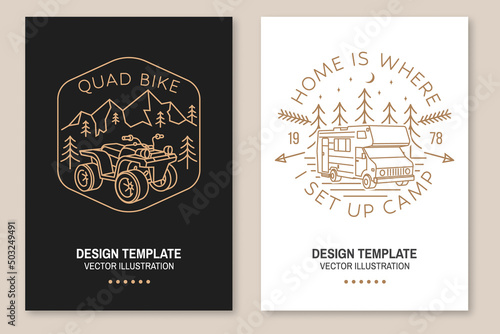 Home is where you set up camp. Summer camp. Vector. Line art flyer, brochure, banner, poster design with camper trailer and forest silhouette. Quad bike club. Summer camp.