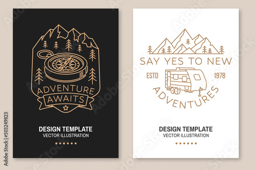 Adventure awaits. Say yes to new adventure. Live, love, camp. Camping quote. Vector. Line art flyer, brochure, banner, poster design with 3d compass, camper trailer and mountain.