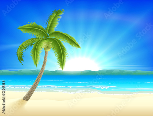 Fototapeta Naklejka Na Ścianę i Meble -  Beach Island Cartoon Palm Tree Background
