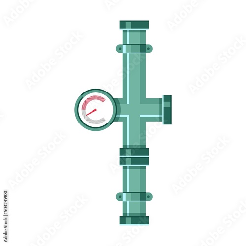 Broken metal pipe with pressure sensor, leakage of water. Vector illustration of industrial pipelines with leaks. Cartoon tap, pressure meter isolated on white