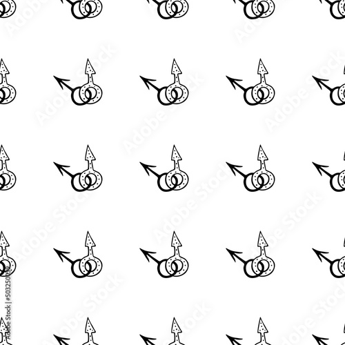 Vector seamless pattern of two crossed symbols of mars, male gender symbols in doodle style. Man love combinations. Texture of theme of LGBT, gay love, pride, bisexual, homosexual